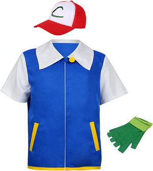 Anime Ash Ketchum Costume Adult Kids Hoodie Cosplay Jacket Gloves Hat Sets (L)